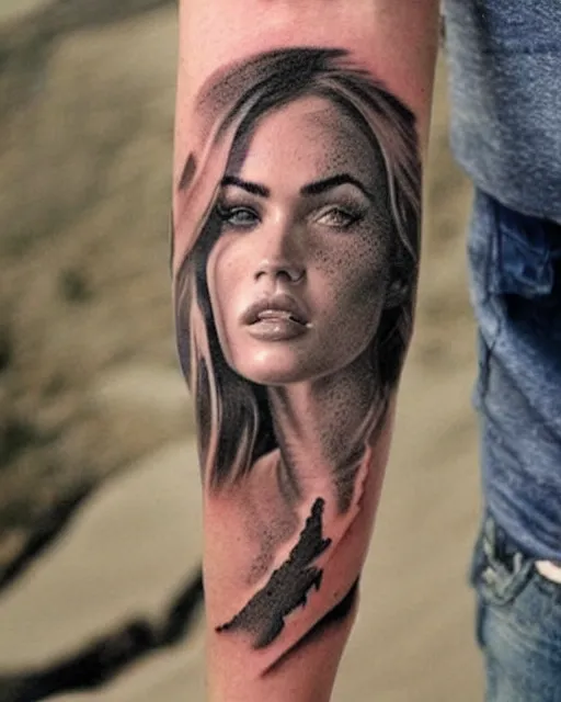 Image similar to double exposure effect tattoo design sketch of megan fox and beautiful mountains, realism tattoo, in the style of matteo pasqualin, amazing detail, sharp