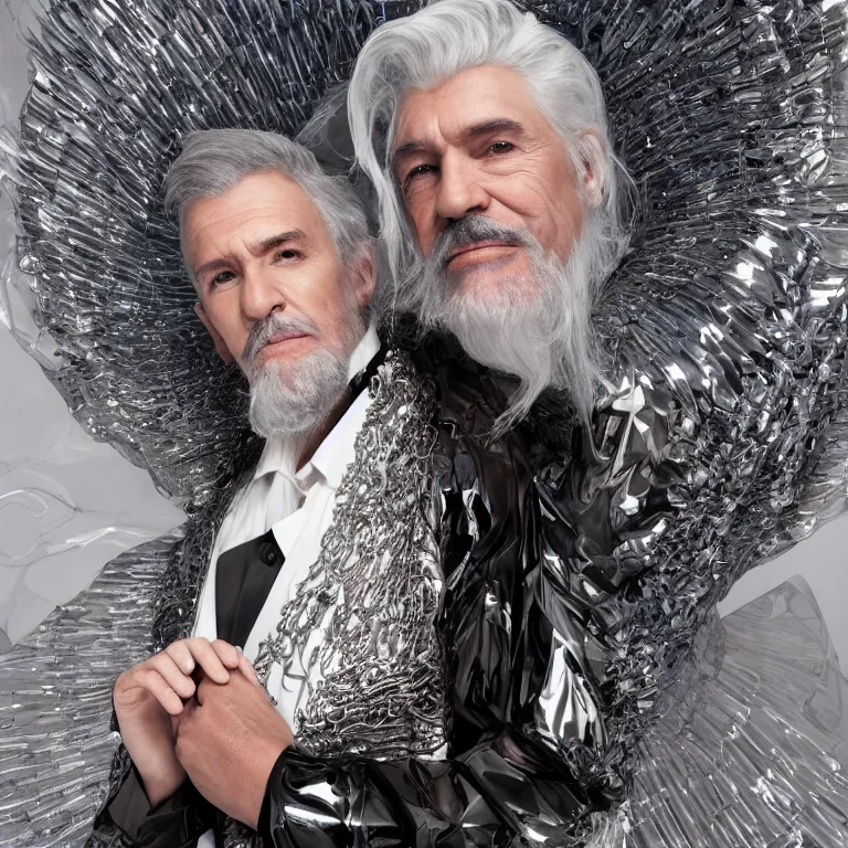 Image similar to high fashion photoshoot octane render portrait by wayne barlow and carlo crivelli and glenn fabry, a distinguished sci - fi futuristic wizard with a long white beard wearing a clear plastic iridescent jacket and holding a magical adorable critter while standing inside a futuristic beautiful boutique fantasy hotel lobby, very short depth of field, bokeh