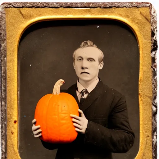 Prompt: tintype of a man with a pumpkin head