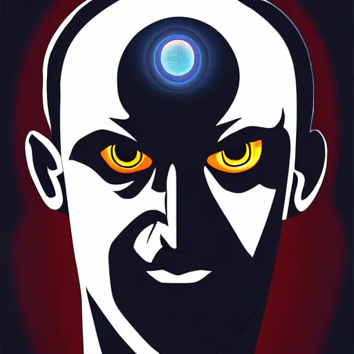 Image similar to solid glowing eyes, digital portrait of secretary of denis mcdonough face with solid glowing eyes, cover art of graphic novel, evil laugh, menacing, Machiavellian puppetmaster, villain, simple style, solid colors, clean lines, clean ink, trending on artstation