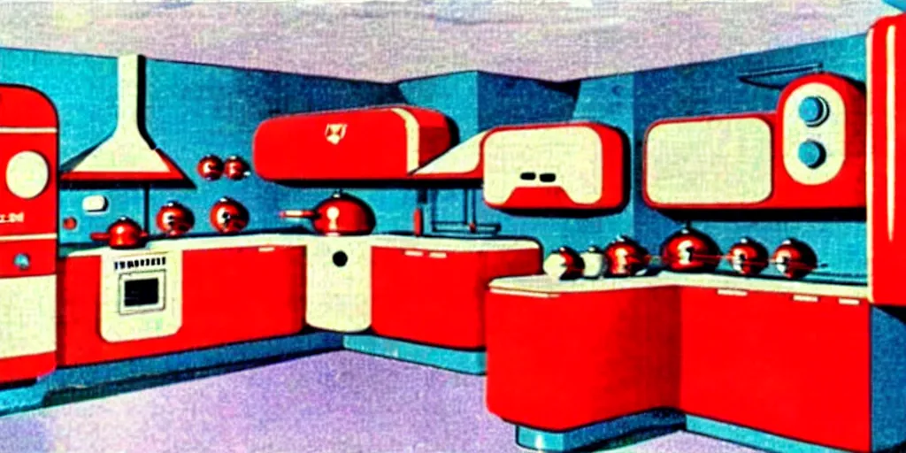 Image similar to soviet retro - futuristic kitchen, space station