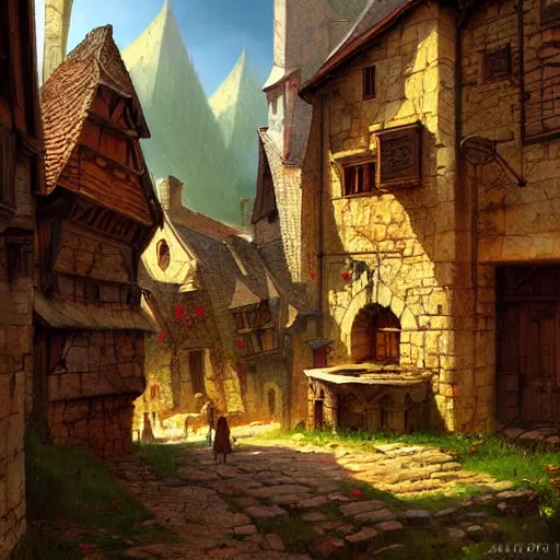 Prompt: a beautiful medieval village by Marc Simonetti