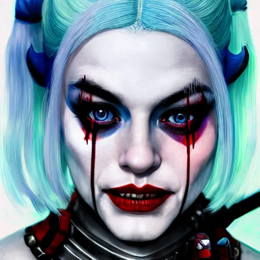 Image similar to Harley Quinn from the suicide squad, portrait, playful, fantasy, medieval, beautiful face, vivid colrs, elegant, concept art, sharp focus, digital art, Hyper-realistic, 4K, Unreal Engine, Highly Detailed, HD, Dramatic Lighting by Brom, trending on Artstation