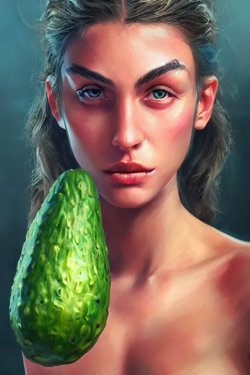 Image similar to avocadoman is a superhero, artgem, digital painting, color painting, hyperrealistic, concept art, oil painting, masterpiece, concept art, trending on deviantart, realistic and detailed face, highly detailed, high quality, 8 k, soft lighting, fancy colors, fantasy, cinematic, high coherence