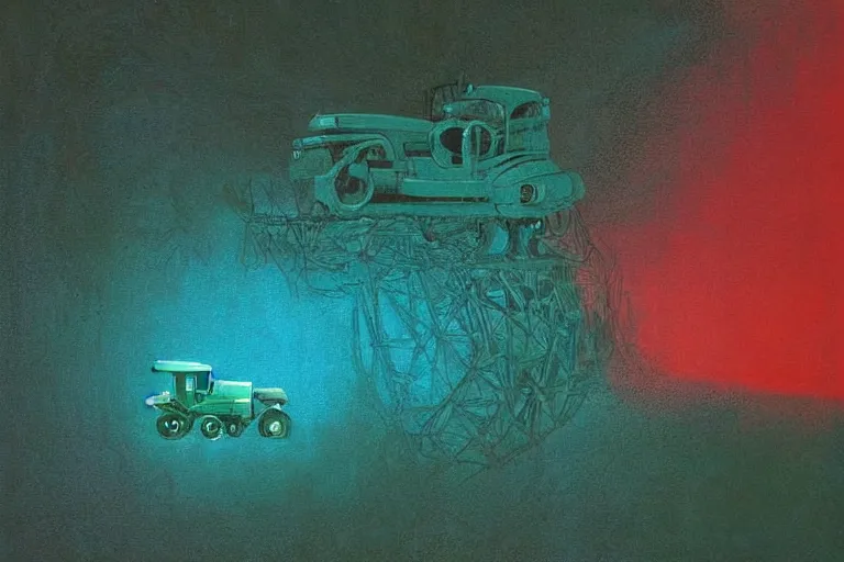 Prompt: john deere harvester, art by beksinski and pauline baynes, trending on artstation, iridescent cool blue and cyan and red and blue and yellow and green lighting camera view from above surrealism, very very intricate, concept art, fisheye lens, situationist international