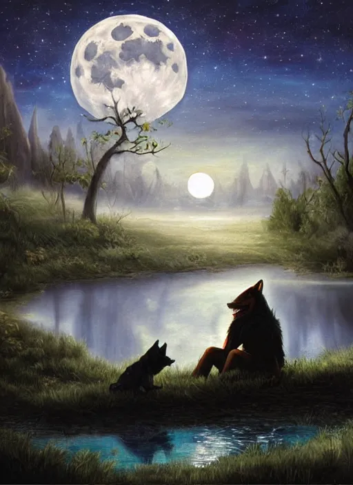 Image similar to a painting of a werewolf at night sitting next to a human child in front of full moon, fantasy art, matte painting