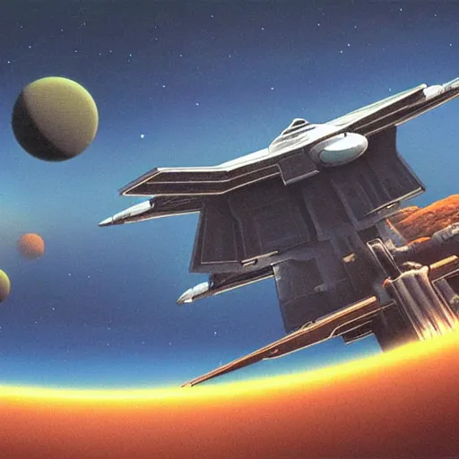 Image similar to spaceship flying over epic sci - fi landscape, painting by ralph mcquarrie