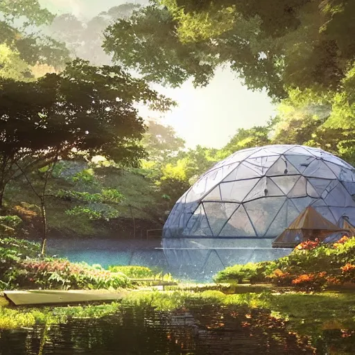 Image similar to geodesic dome in front of a lake with gardens and waterfall, gapmoe kuudere moody lighting stunning bokeh highlights sharp contrast | trending pixiv fanbox | by greg rutkowski makoto shinkai takashi takeuchi studio ghibli