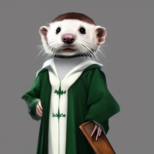 Image similar to a anthropomorphic ferret is dressed as a hogwarts student in slytherin robes, hyperdetailed, artstation, cgsociety, 8 k