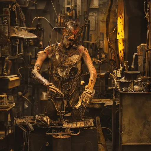 Image similar to intricate object made of rusted old egg beater and forks and knives, balding older cyborg repairing, red hot soldering iron, dark messy smoke - filled cluttered workshop, dark, dramatic lighting, cinematic, highly detailed, sci - fi, futuristic, movie still from blade runner