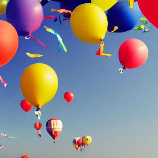 Image similar to photo of a lot of birthday balloons floating above a beautiful maritime port. sharp focus, highly - detailed, award - winning