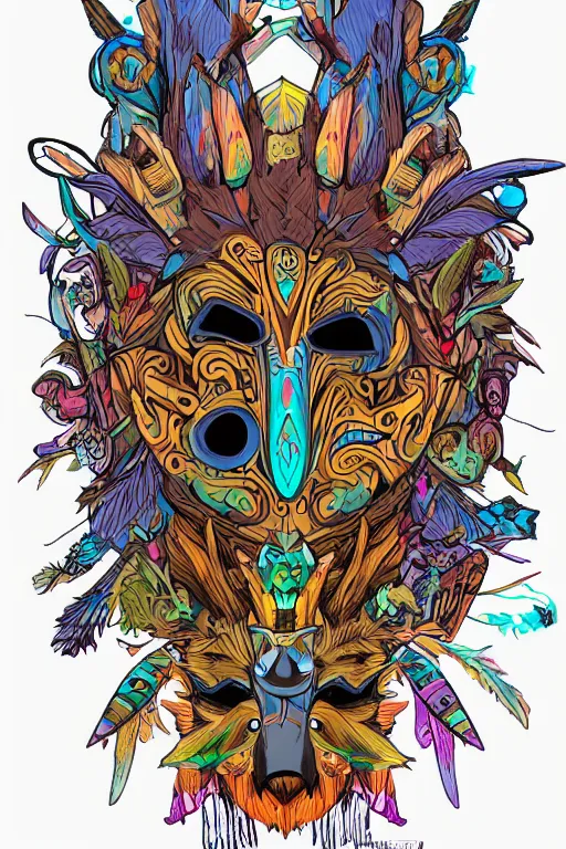 Image similar to animal mask totem roots flower tribal feather gemstone plant wood rock shaman vodoo video game vector cutout illustration vivid multicolor borderlands comics by josan gonzales and dan mumford radiating a glowing aura