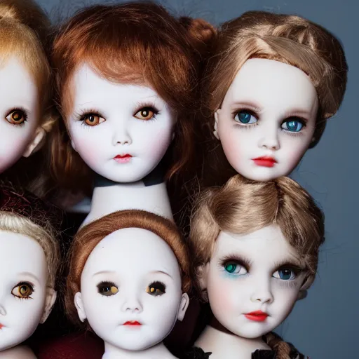 Prompt: porcelain doll faces, backlighting, diffused