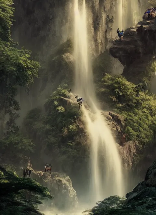 Image similar to A waterfall made of humans by Greg Rutkowski, Sung Choi, Mitchell Mohrhauser, Maciej Kuciara, Johnson Ting, Maxim Verehin, Peter Konig, final fantasy, 8k photorealistic, cinematic lighting, HD, high details, dramatic, atmospheric , trending on artstation