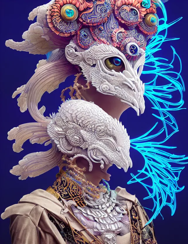 Image similar to 3 d goddess close - up profile solarpunk portrait ram skull. beautiful intricately detailed japanese crow kitsune mask and clasical japanese kimono. betta fish, jellyfish phoenix, bio luminescent, plasma, ice, water, wind, creature, artwork by tooth wu and wlop and beeple and greg rutkowski