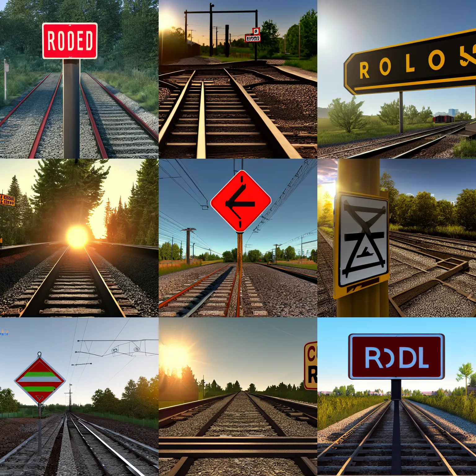 Prompt: a railroad crossing with a railroad crossing sign, a photo by richard benning, polycount, temporary art, ue 5, anamorphic lens flare, physically based rendering