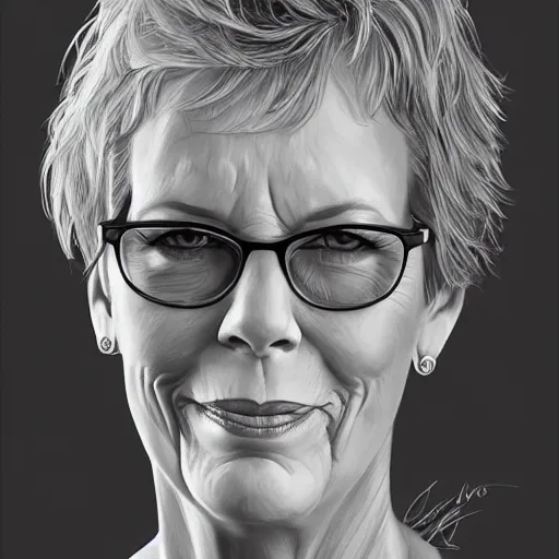 Prompt: jamie lee curtis, tired, intelligent, powerful, white hair, loving eyes, fully clothed wise, beautiful, by stanley artgerm, soft lighting, trending on artstation, flat colour, geometric curves on iceland mountains