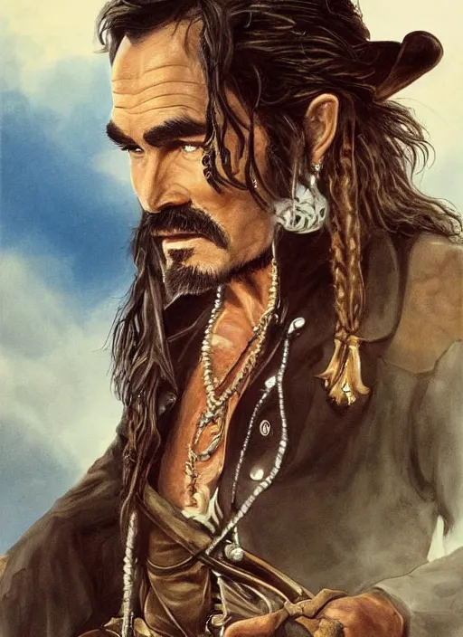 Prompt: a beautiful painting portrait movie poster of burt reynolds in Pirates of the Carribean 6, matte painting, fantasy art, dark but detailed digital art, highly detailed, a masterpiece trending on artstation. Burt Reynolds as a young but messy pirate and layabout in this HD preview poster