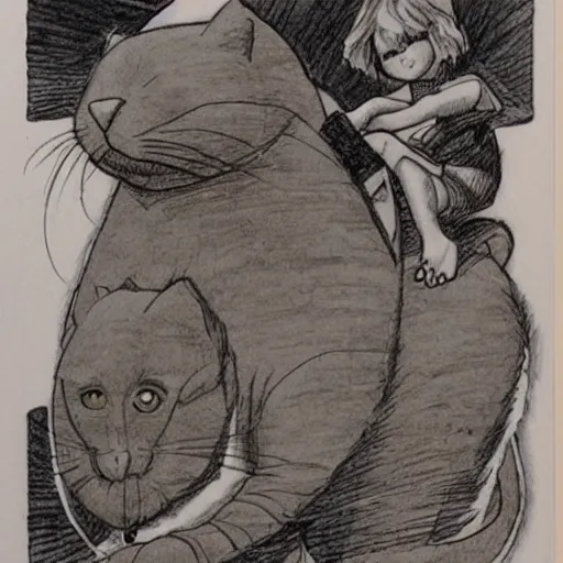 Image similar to a moebius drawing small people riding an gigantic cat