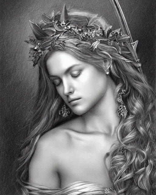 Prompt: pencil drawing of a beautiful greek goddess aphrodite wearing a laurel wreath and arrowhead earrings, beautiful confident and piercing eyes, beautiful flowing hair, hyper realistic face, in the style of greg rutkowski, fantasy, amazing detail, epic, elegant, smooth, sharp focus, from the front