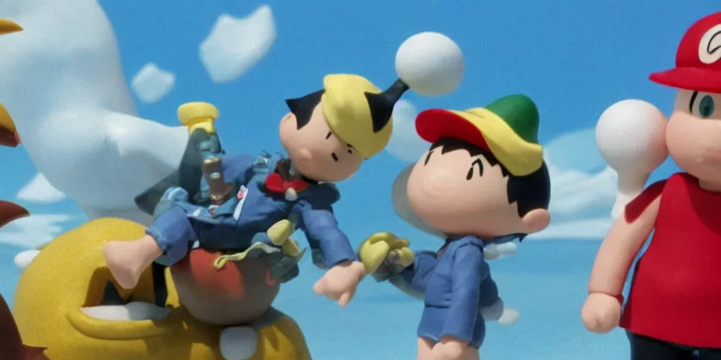 Image similar to Ness from Earthbound and Aquaman fight a giant penguin attacking philadelphia, claymation, detailed