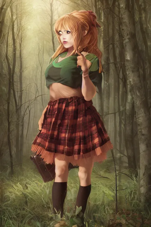 Prompt: sarah humpfrey as a girl in a dark forest, detailed plaid miniskirt, beautiful upper body, detailed face, by dan mumford, anime style, octane render, trending on artstation