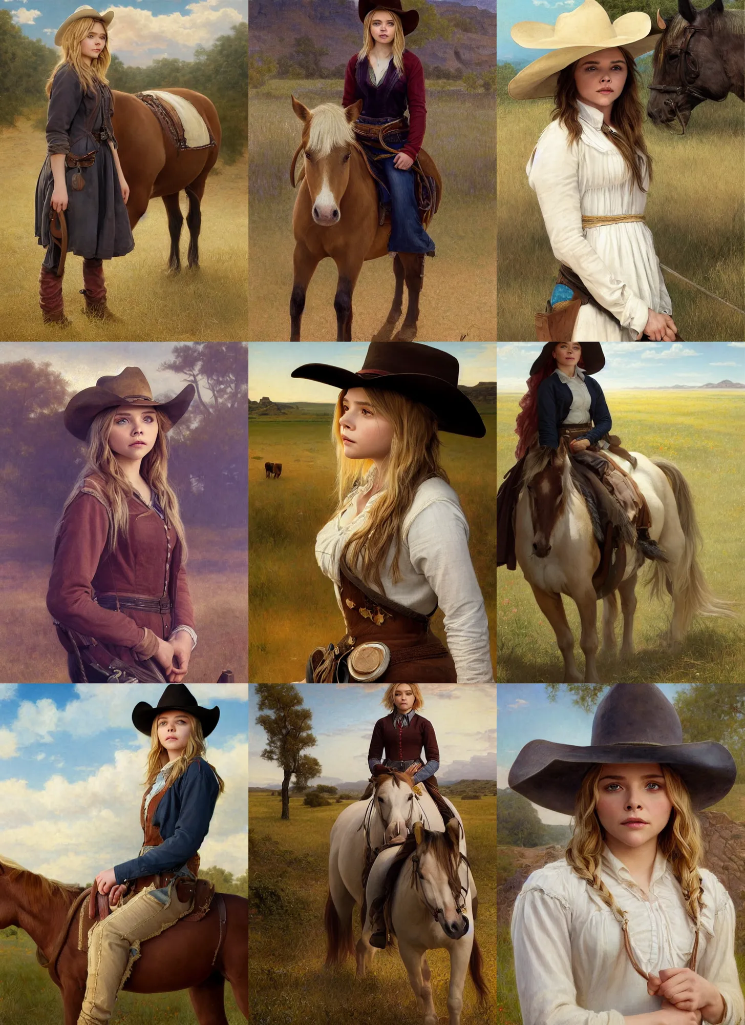 Prompt: portrait chloe moretz as rancher on rancho, horse background, 19 century, full length shot, shining, 8k highly detailed, sharp focus, illustration, art by artgerm, mucha, bouguereau