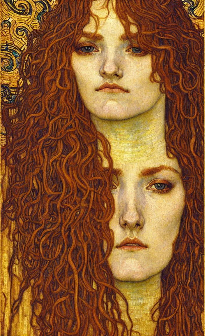 Image similar to detailed realistic beautiful young medieval queen face portrait by jean delville, gustav klimt and vincent van gogh, art nouveau, symbolist, visionary, gothic, pre - raphaelite, muted earthy colors, desaturated