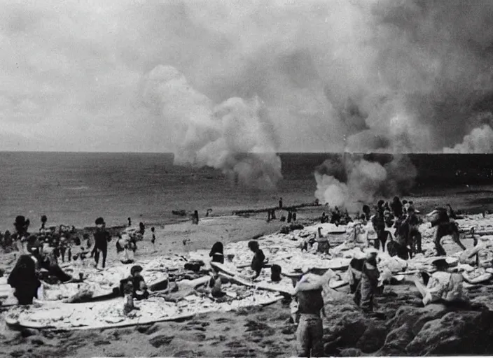 Image similar to vintage photo of a pizza party on omaha beach in normandy with explosions in the background