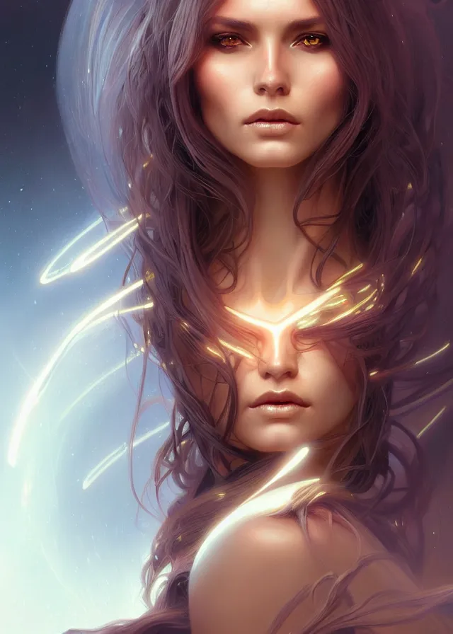 Image similar to futuristic woman portrait, sci-fi, amber eyes, face, long hair, fantasy, intricate, elegant, highly detailed, digital painting, artstation, concept art, smooth, sharp focus, illustration, art by artgerm and greg rutkowski and alphonse mucha