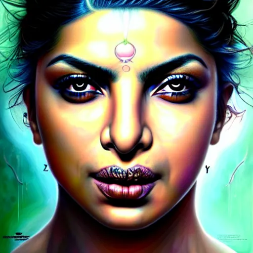 Prompt: priyanka chopra as a beautiful portrait of a cyberpunk female by Marco Mazzoni and Hannah Yata