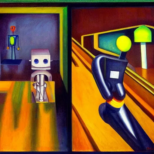 Image similar to robot visages, pj crook, edward hopper, oil on canvas
