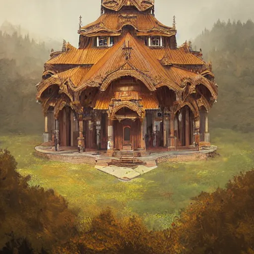 Image similar to wooden slavic temple view from high, greg rutkowski,