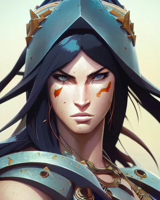 Image similar to azctec warrior, megan fox, detailed perfect face, exquisite details, fire magic, mid view, design on a white background, by studio muti, greg rutkowski makoto shinkai takashi takeuchi studio ghibli