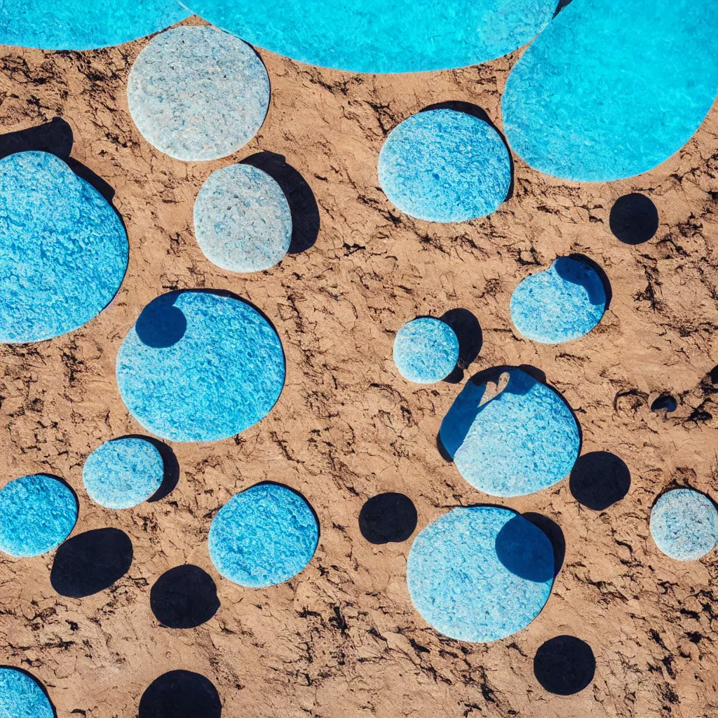 Image similar to obsidian boulders outdoor sculpture, orange sand desert with pools of milky blue water, bubbles, light leaks, birds eye view