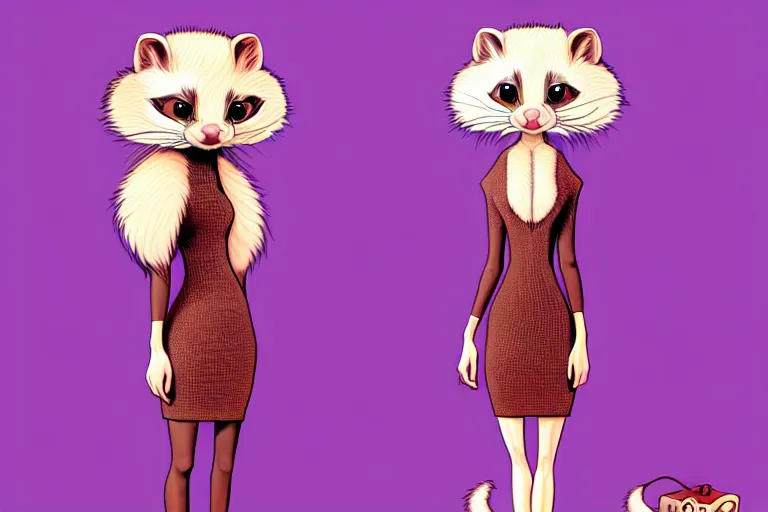 Prompt: symmetrical : detailed illustration : ferret character : wearing a sexy fur dress : wearing diamonds stiletto : head torso legs : behance artstation : lorax movie