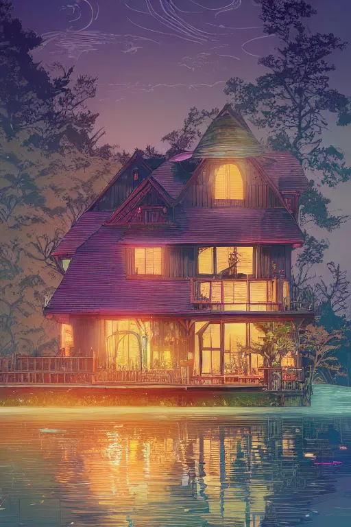 Prompt: stunning cottage on a river, artstation winner by Victo Ngai, Kilian Eng and by Jake Parker, swirly vibrant color lines, winning-award masterpiece, fantastically gaudy, aesthetic octane render, 8K HD Resolution