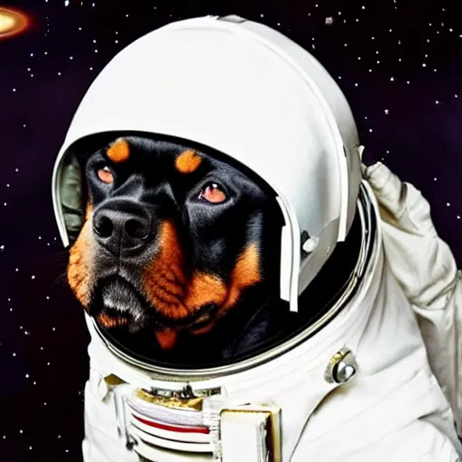 Image similar to a rottweiler dog wearing an astronaut helmet in space