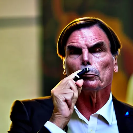 Image similar to president jair bolsonaro smoking a vape pen, award winning photograph, 4 k, journalistic photo, wide shot, high quality, photo by time magazine.