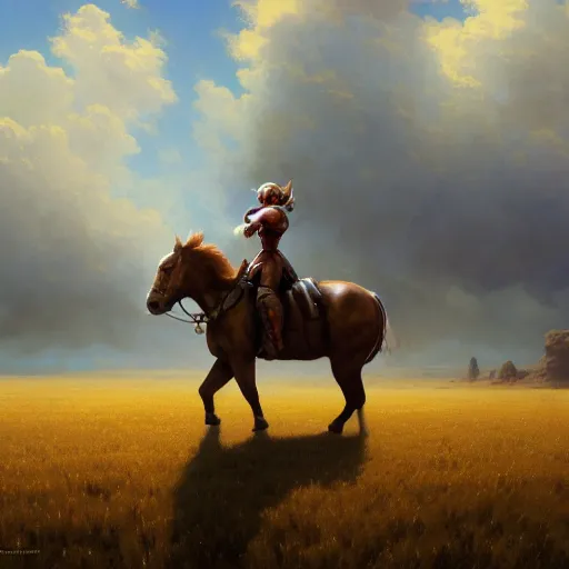 Image similar to cinematic shot epic portrait of megaman riding a mechanical horse in middle of wheat fields, sunny, cloudy, broad light, ambient occlusion, volumetric light effect, made by ivan aivazovsky, peter mohrbacher, greg rutkowski, matte painting, trending on artstation, 4 k, perfectly defined features, digital painting, cinematic, epic, highly detailed