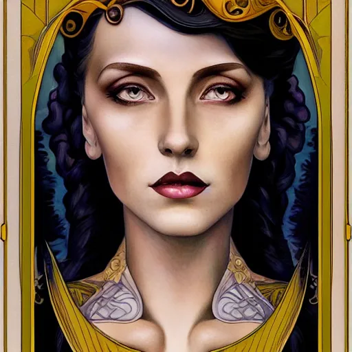 Prompt: an art nouveau, ( streamline moderne ), multi - racial portrait in the style of anna dittmann and donato giancola and gaston bussiere. very large, clear, expressive, and intelligent eyes. centered, ultrasharp focus, dramatic lighting, photorealistic digital matte painting, intricate symmetrical ultra detailed background.