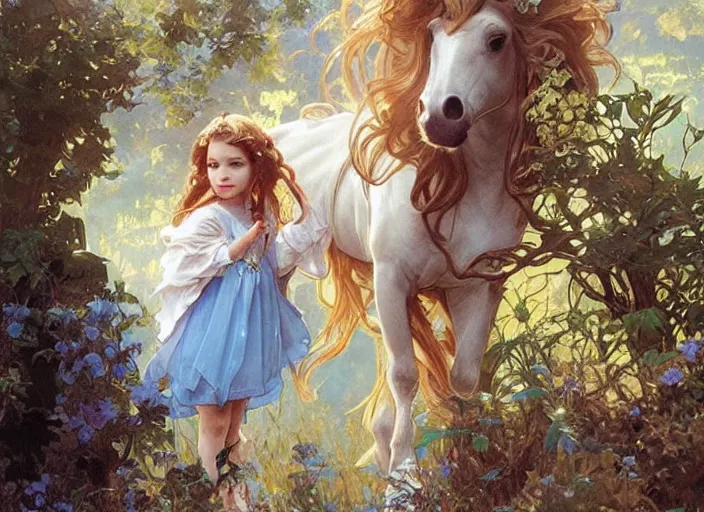 Image similar to a cute little girl with curly light brown hair and blue eyes meeting an elegant unicorn, beautiful fantasy painting by artgerm and greg rutkowski and alphonse mucha