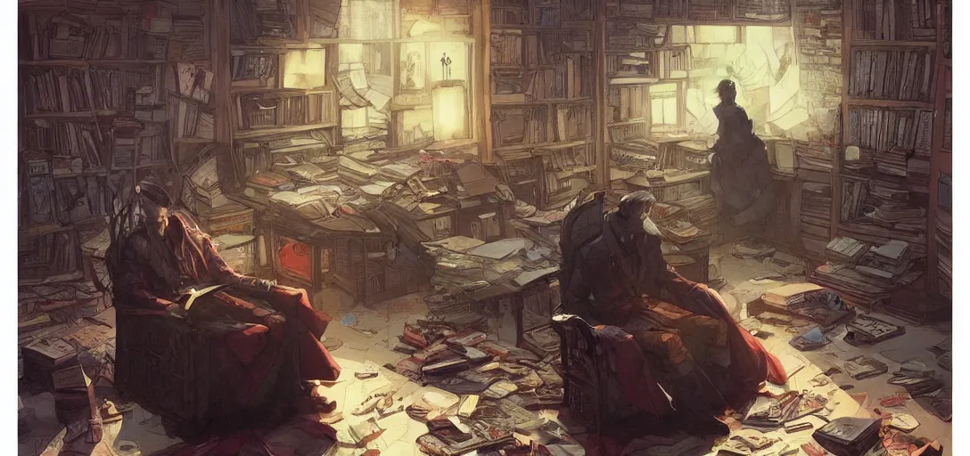 Image similar to a sad dr strange sitting alone in his room in a large chair, books messy about the room, sad, somber, by Stanley Artgerm Lau, WLOP, Rossdraws, James Jean, Andrei Riabovitchev, Marc Simonetti, krenz cushart