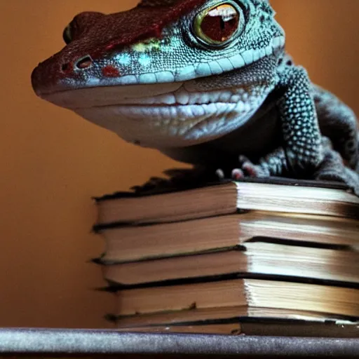 Prompt: the! gecko from geico commercials! on a table,! being crushed! by a stack of books