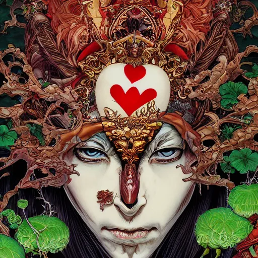 Prompt: portrait of crazy king of hearts with vegetation around, symmetrical, by yoichi hatakenaka, masamune shirow, josan gonzales and dan mumford, ayami kojima, takato yamamoto, barclay shaw, karol bak, yukito kishiro