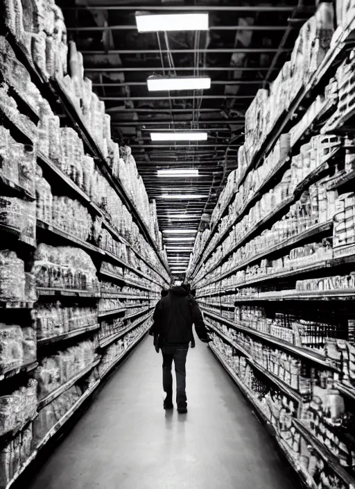 Image similar to being hunted by a monster in a labyrinth of market store aisles. liminal. dramatic lighting