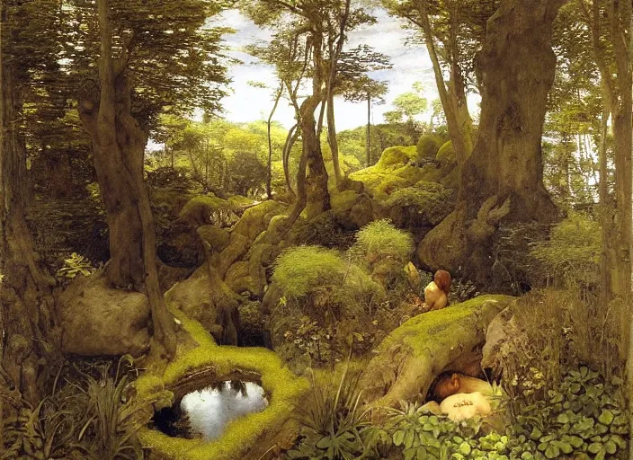 Image similar to enchanged forest. looking down into hole. waterfall to a tranquil pond and with a sandy beach. edgar maxence and caravaggio and michael whelan and delacroix style, artistic, intricate painting, cinematic lighting, hyper realistic, extremely detailed, vivid colors, establishing shot, dramatic lighting. rocky sides ( lush patches of moss and ferns ). rough stone stairway