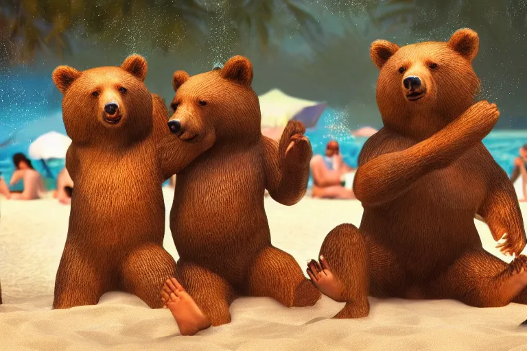 Image similar to Bears dancing at a party at the beach, cinematic, atmospheric, 8k resolution, ArtStation, Hyperrealistic