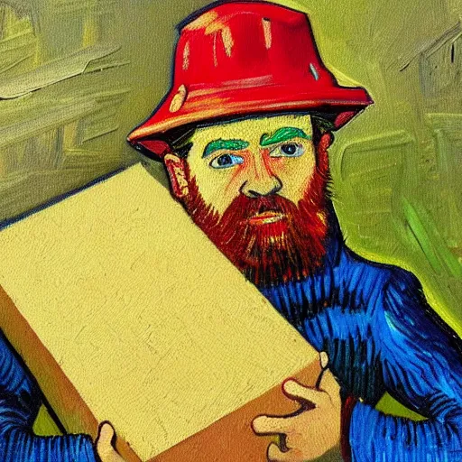 Prompt: oil painting of a man with construction hat holding a package in warehouse in the style of vincent van gogh