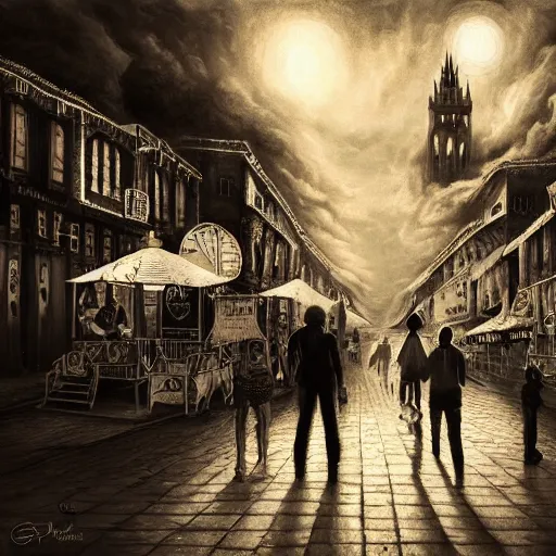 Image similar to ultra realist soft painting of a curiosities fair by night, nightmare horror, omnious sky, symmetry accurate features, very intricate details, black and white, volumetric light clouds